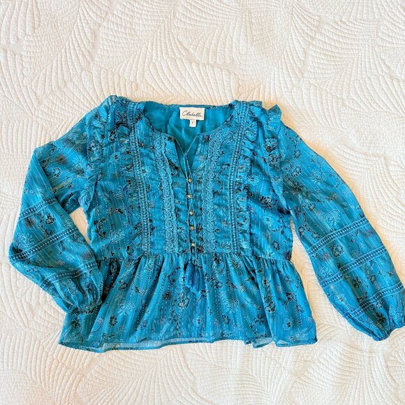Cleobella Teal & Gold Metallic Floral Ruffle Long Sleeve Chiffon Blouse Size L - Picture 12 of 15